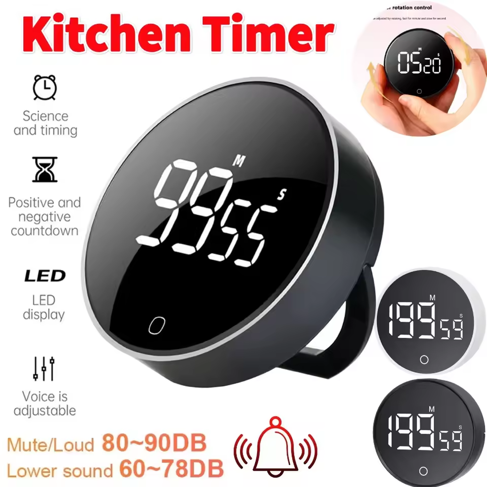 Magnetic LED Digital Rotary Timer Countdown Rechargeable Magnetic Shower Study Stopwatch 3-Level Volume Back Bracket Design