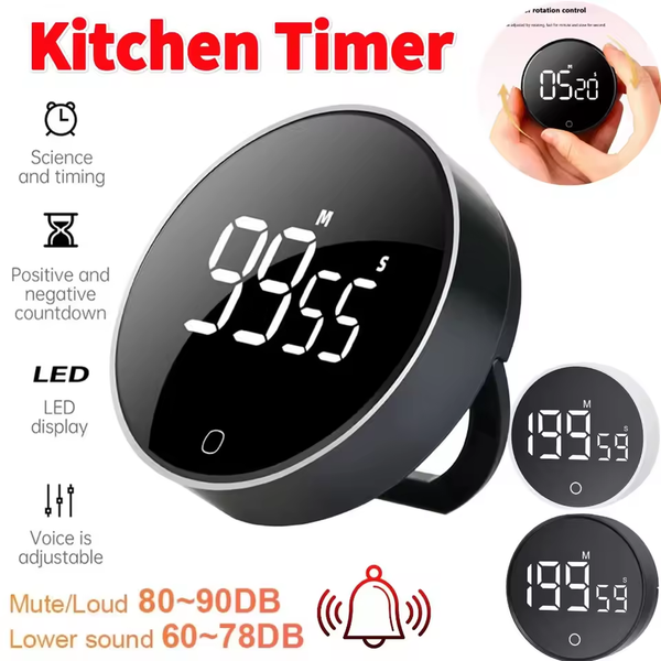 Magnetic LED Digital Rotary Timer Countdown Rechargeable Magnetic Shower Study Stopwatch 3-Level Volume Back Bracket Design