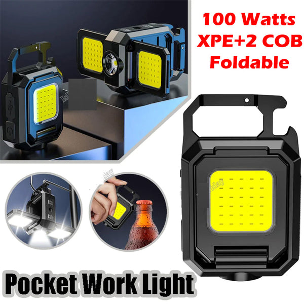 Mini 100Watts XPE+2 COB 3 Lights Foldable Keychain LED Light Type-C USB Rechargeable Flashlight Waterproof Portable Lighting Outdoor Tools