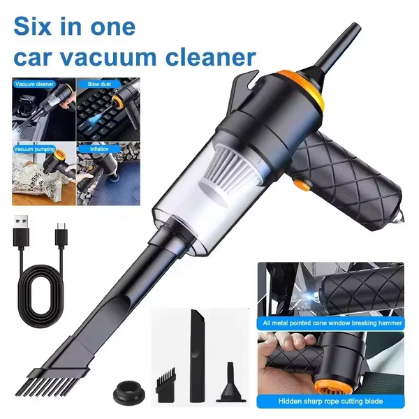 120W 6 In 1 Wireless Blowing & Suction Vacuum Cleaner Built-in Seatbelt Cutter and Safety Hammer