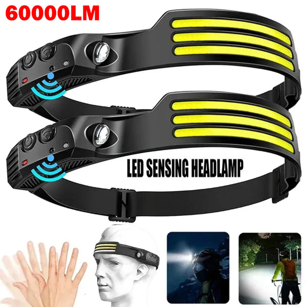 New 60000LM 230° Wide angle Floodlight 3 Strip Lights COB Headlamp Induction Headlamp with Built-in Battery Flashlight Head Torch 4 Lighting Modes Head Light