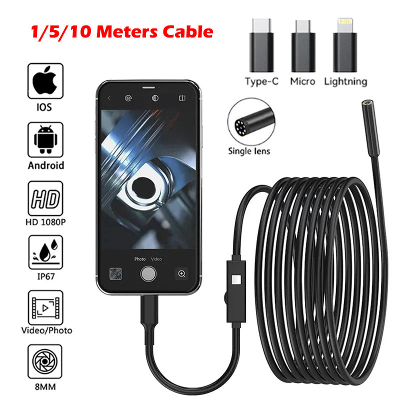 3-In-1 8mm Endoscope Camera For IOS Android Direct Connect IP67 Waterproof Hard Wire Pipeline Inspection Borescope With 8 Adjustable LED Light