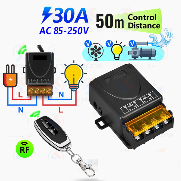 Wireless Remote Control Switch&Receiver Kit No Wiring 85-250V Wide Voltage 30A Single Circuit 433MHZ Long-Distance Remote Control Switch