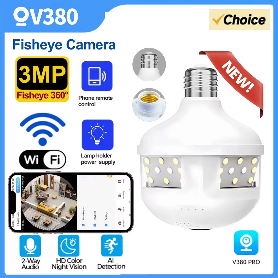 1080P 360° Panoramic Smart Lighting WiFi Camera with Full-Color Night Vision, Remote Viewing on Phone, Sound & Light Alarm, AI Human Detection, Two-Way Talk, Wire-Free Installation (Model V380)