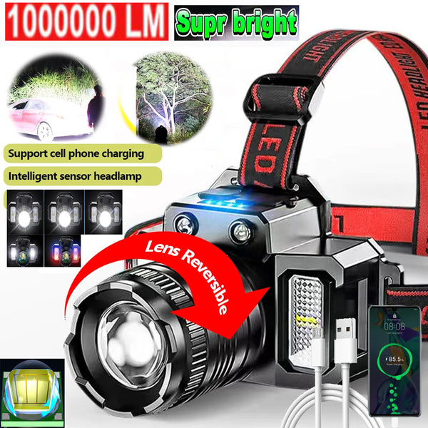 100000LM Power Bank 3 Light Source Sensor Zoom LED Headlight Super Bright Super Long-Range Rechargeable Phone Power Bank