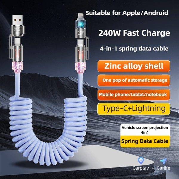 2M 240W 4-in-1 Retractable Coiled Fast Charging Cable, Support USB-A to Lightning, USB-A to Type-C, Type-C to Type-C, Type-C to Lightning