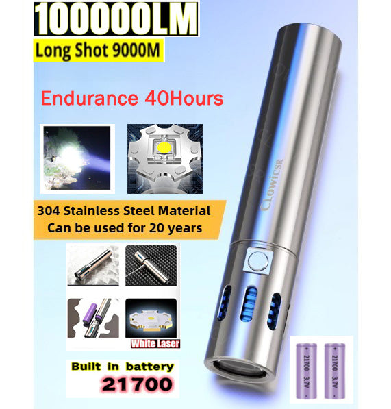 Updated High-grade Stainless Steel 100000Lumens White Laser Tactical Flashlight With 2Pcs 21700 Tesla Li-ion Battery 40 Hours High Endurance 20 Years of Use