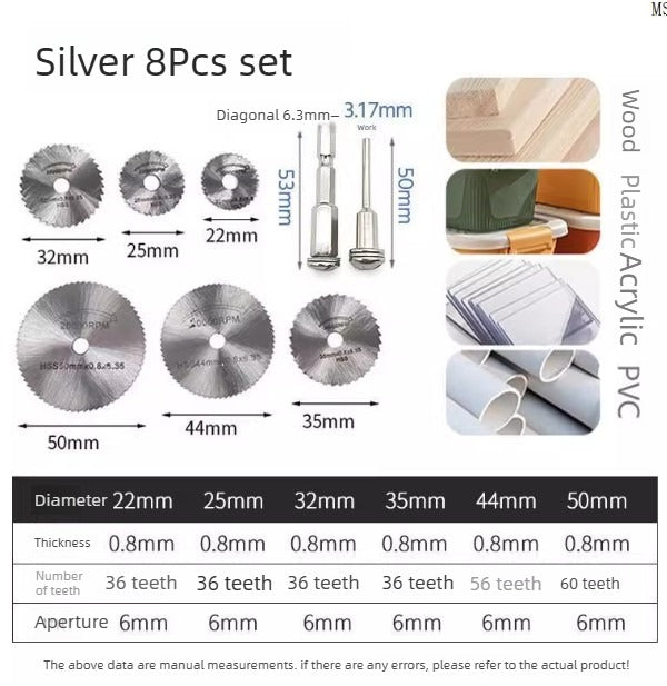 8Pcs Set Silver Saw Blade ｜6 High-Speed Steel Cutting Discs + Dual-Specification Connecting Rod｜Compatible with 6.35mm and 3.17mm Shank Diameters｜Universal for Wood/Plastic/PVC/Acrylic