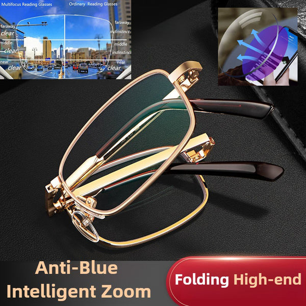 High-end Folding Anti-Blue Intelligent Zoom Reading Glasses Progressive Multifocal LIGHTWEIGHT Reading Glasses Gold