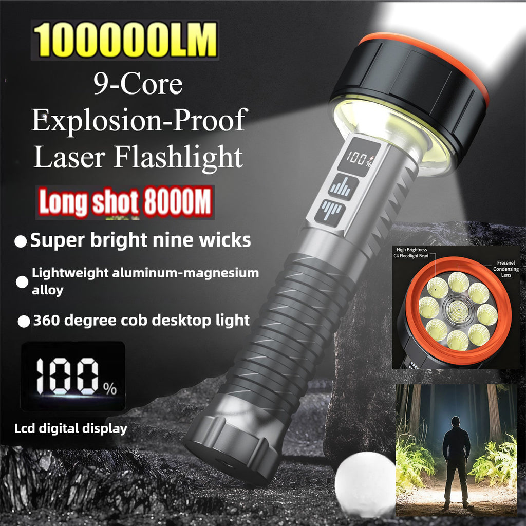 100000LM 9-Core Explosion-Proof Laser Flashlight Built-in 21700 Battery 8000M Long-Range Beam Up to 45 Hours of Runtime Waterproof
