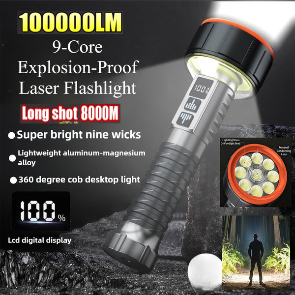 100000LM 9-Core Explosion-Proof Laser Flashlight Built-in 21700 Battery 8000M Long-Range Beam Up to 45 Hours of Runtime Waterproof