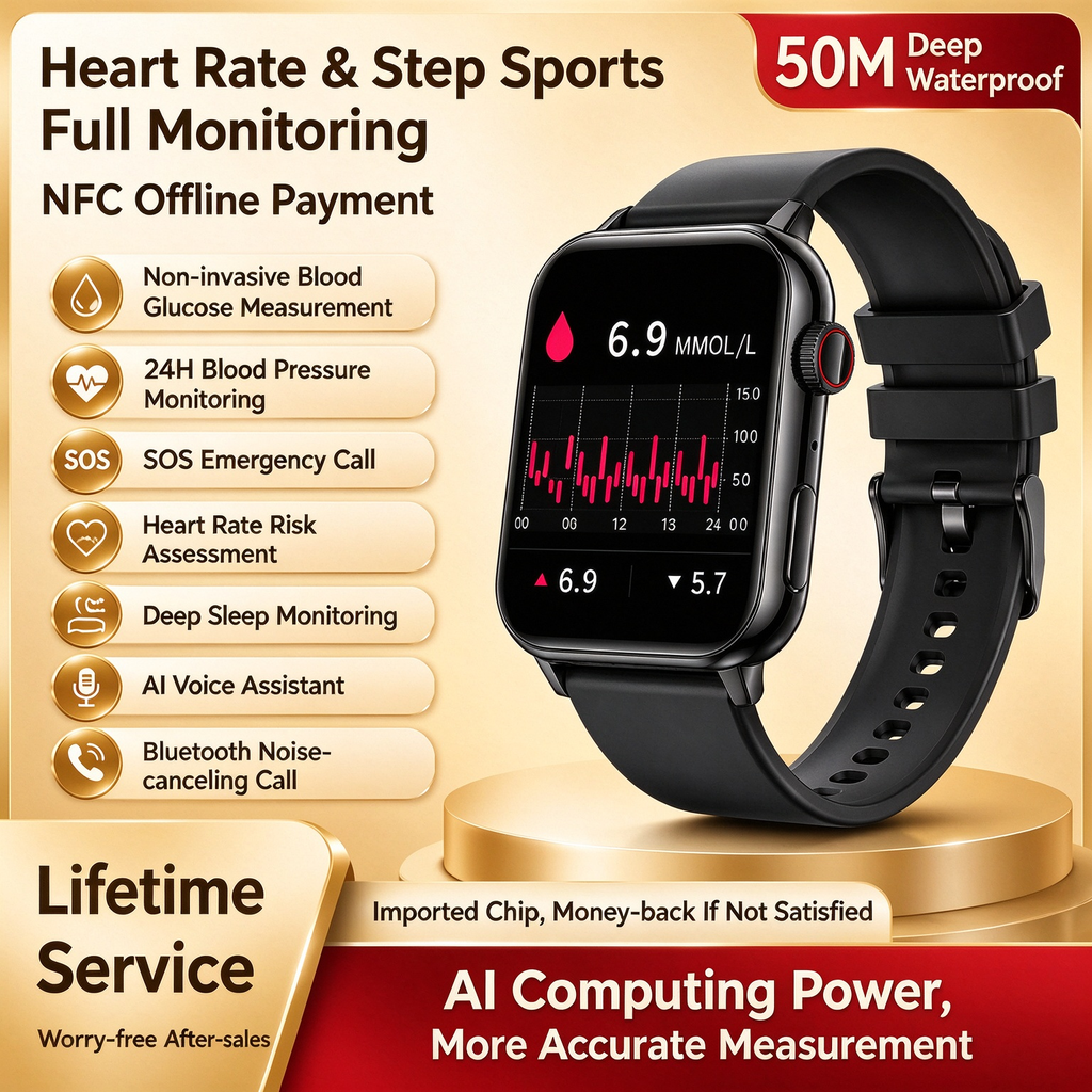 New AMOLED Smart Health Watch | 50-Meter Water Resistance, Non-Invasive Blood Glucose, Blood Pressure, and Blood Lipid Monitoring | ECG, NFC, and Fitness Tracking