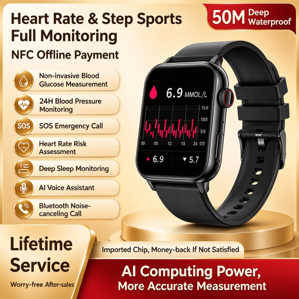 New AMOLED Smart Health Watch | 50-Meter Water Resistance, Non-Invasive Blood Glucose, Blood Pressure, and Blood Lipid Monitoring | ECG, NFC, and Fitness Tracking