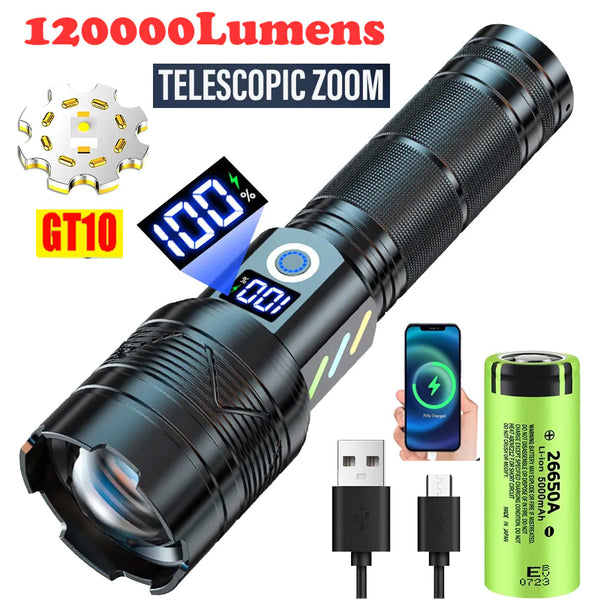 120000Lumens High Power LED Long Range LEP Zoom Flashlight With 5000mAh 26650 Rechargeable Battery USB Charging  Outdoor Telescopic Zoom Super Bright Torch