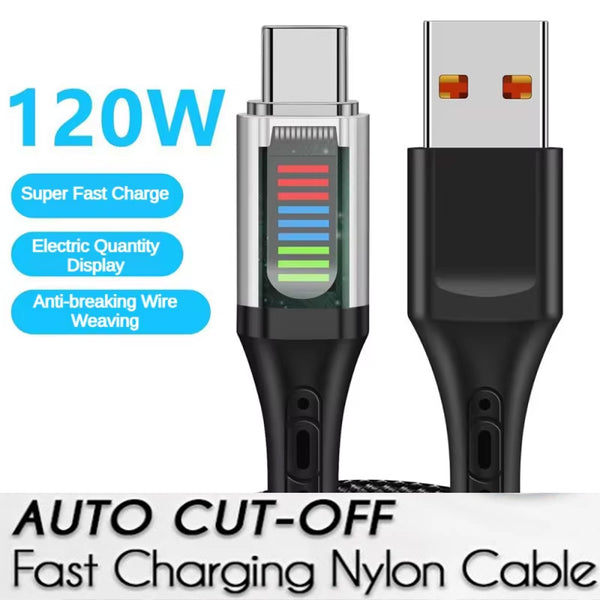 New 120W Auto Cut-off Fast Charging Nylon Cable USB to Type C Cable Fast Charge 9-Cell Transparent Flash Lamp Data Cable Fully Compatible for iphone 16 15 Pro Max Samsung