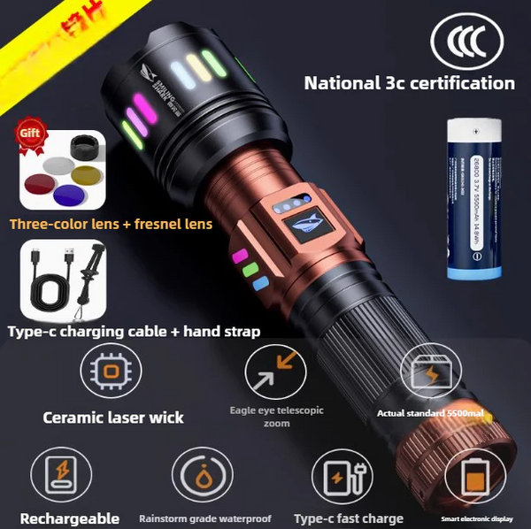 150000lumens M60 Laser Light Ignitable 4 Lens Zoom Alloy Flashlight Built-in 5500mAh 26800 Rechargeable Battery Waterproof Super Bright Long Range