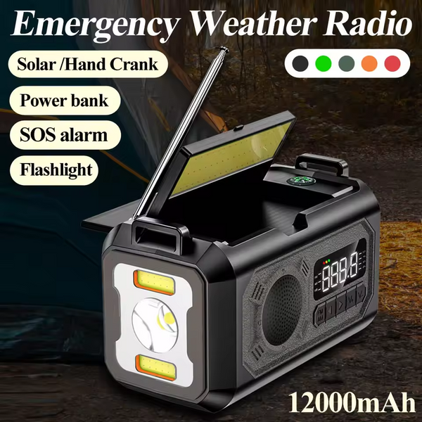108 Hours Extended usage time AM/FM/NOAA Weather Radio with 2 Solar Panels Solar Hand Crank Portable Emergency Radio Flashlight Reading Lamp Power Bank SOS Alarm