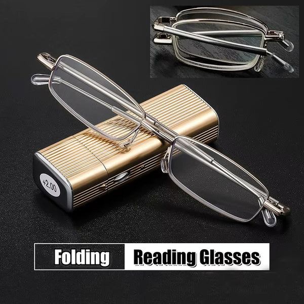 New Portable Folding Reading Glasses with Metal Box Fashionable Stretchable Eyeglasses Anti Blue Light Presbyopia Glasses