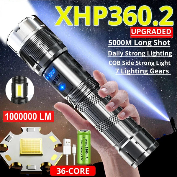 Super Zoom XHP360 Powerful LED Torch 36-Core 100000 Lumens High Power Torch with 26650 Rechargeable Battery with Mobile Power Function With COB Side Light Red and White Light
