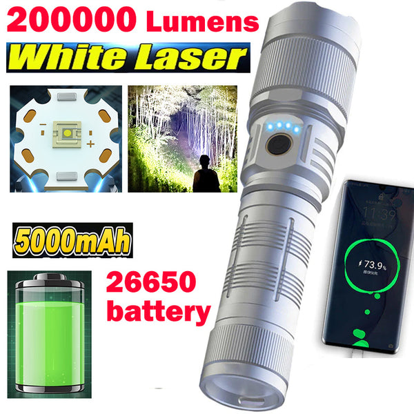 200000 Lumens XHP70/100 White Laser Zoom LED Alloy Flashlight with 5000mah 26650 Rechargeable Battery Long Distance Super Bright Waterproof Hernia Lamp