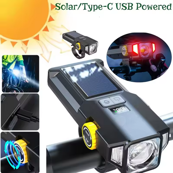 Solar Rechargeable Zoom Bicycle Light with Power Display MTB Mountain Road Bike Front Lamp Integrated Flashlight for Cycling Safe