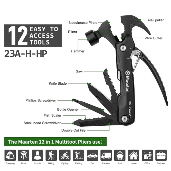 12-in-1 Multi-function Hammer Pliers Portable Folding Screwdriver Outdoor Equipment Tools Emergency Camping Knife Scissors Can Opener
