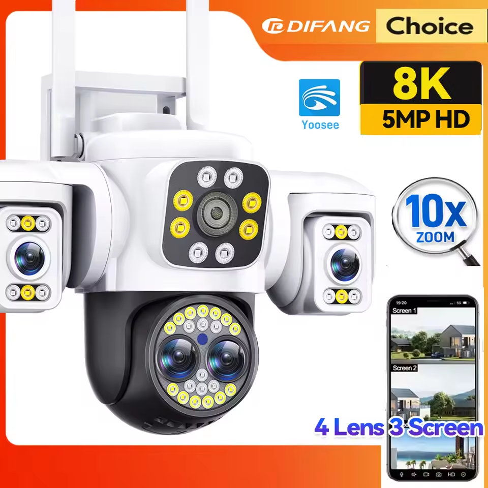 8K 16MP WiFi 360° Camera 10X Zoom Four Len Three Screen CCTV Security Protection Video Surveillance Yoosee Video Surveillance