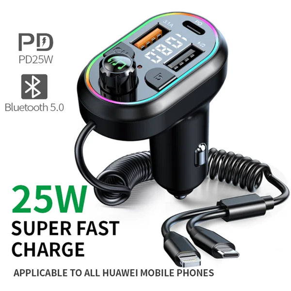 Car Bluetooth 5.0 FM Transmitter Wireless Audio Receiver Car MP3 Player 25W PD Fast Charge With Apple Type-C Port Charging Cable