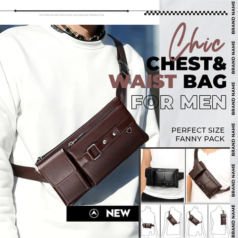 Chic Chest Men Leather Crossbody Bag Mens Fashion Luxury Waist Bag Male Multipurpose Solid Color Chest Handbag