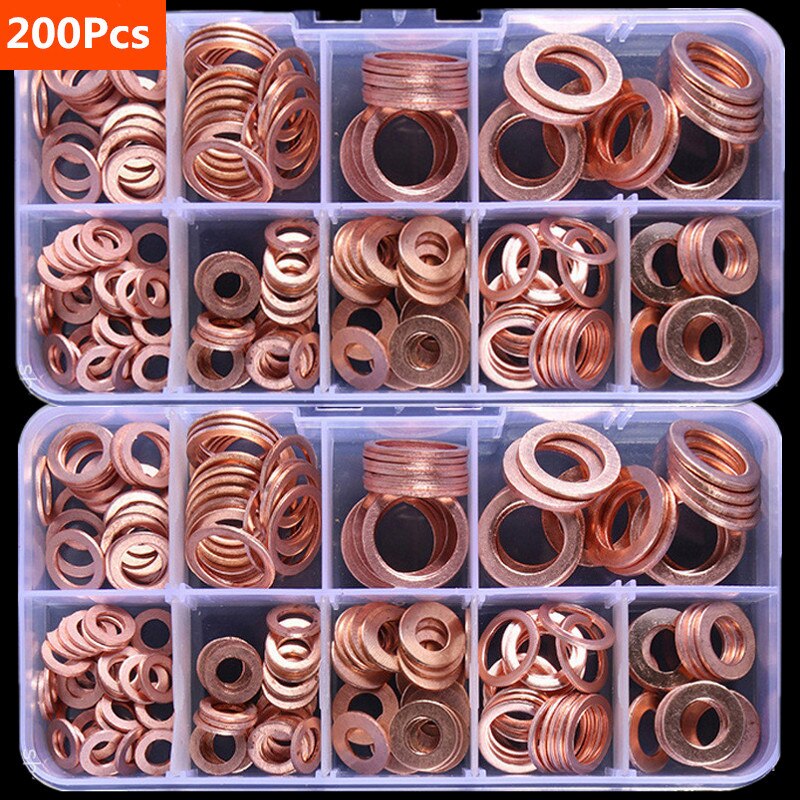 200pcs Copper Washer Gasket Nut and Bolt Set Flat Ring Seal Assortment Kit with Box //M8/M10/M12/M14 for Sump Plugs