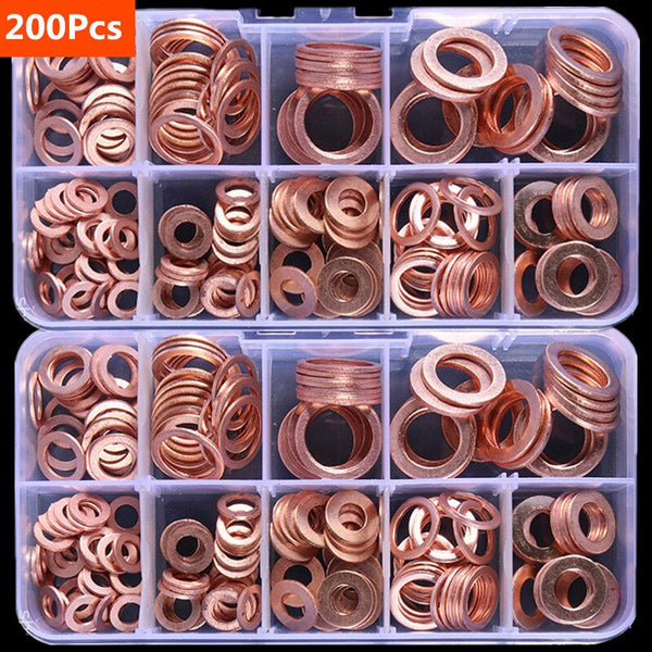 200pcs Copper Washer Gasket Nut and Bolt Set Flat Ring Seal Assortment Kit with Box //M8/M10/M12/M14 for Sump Plugs