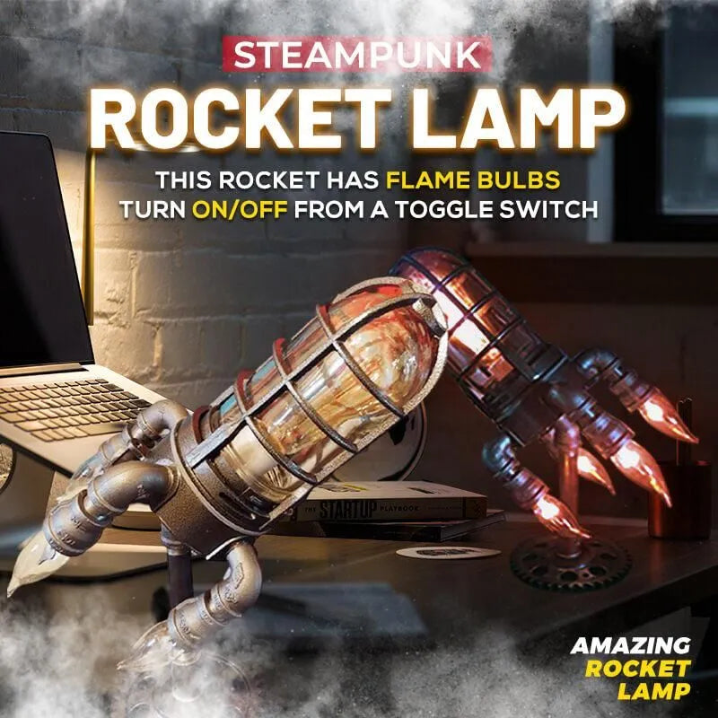 Creative Rocket Lamp LED Night Light Steampunk Rocket Launching Flame Lamp Nightlight Retro Metal Desktop Table Home Decor Gift