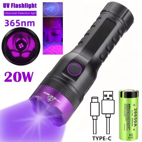 20W 365nm UV Flashligh Waterproof LED Outdoor Use Hunting Scorpions Minerals Fluorescent Check with 26650 Battery Flashlight