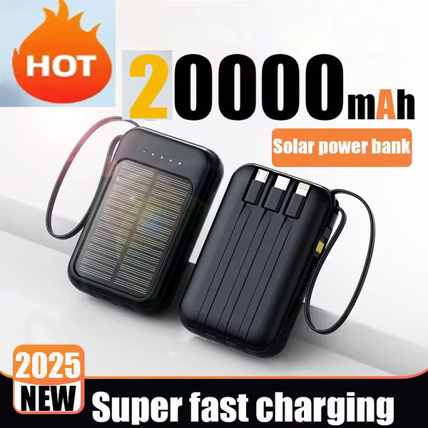 Solar Power Bank 20000mAh Super Fast Charging Compact Portable Built-in 4 Cable High Capacity External Battery With Led Light