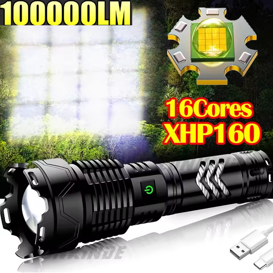 Super XHP160.8 LED Zoom 16 Core 100000 Lumens High Power Torch with 26650 Rechargeable Battery with Mobile Power Function Alloy 5 Lighting Modes