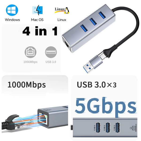 USB-C/USB-A  HUB Docking Station Type C to RJ45 1000Mbps Ethernet Adapter USB3.0 HUB Gigabit Network Card 100W charging Dock Extension