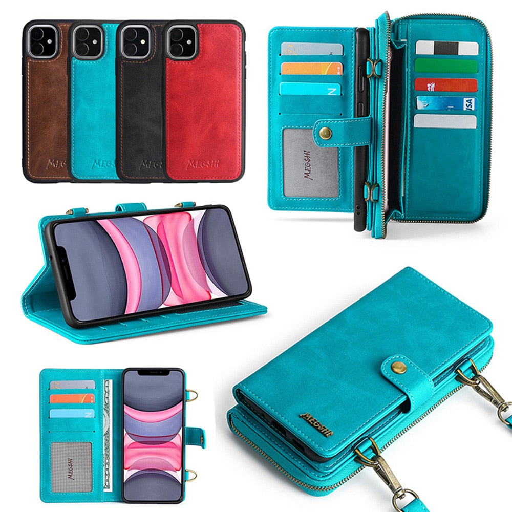 2in1 iPhone Detachable Leather Wallet Phone Case Zipper Flip Leather Case for Magnetic Wallet Card Cover Coque