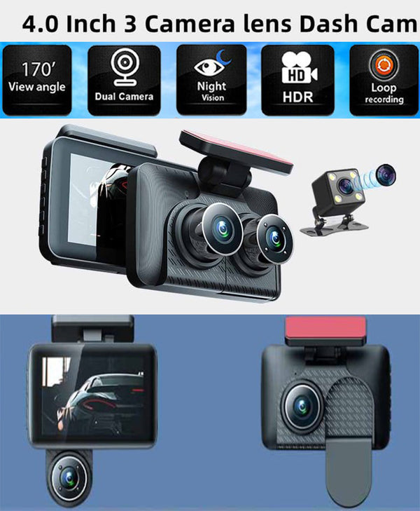 1080P 3 Lens 170° wide-angle 4.0 Inch Car DVR Camera 3 Channel Front Inside Rear Video Recorder Night Vision G-sensor Loop Recording Car Camera Recorder