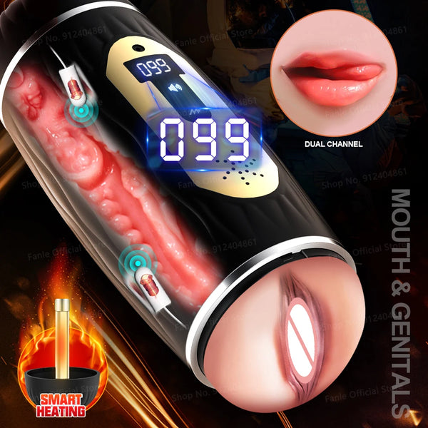 Men Time-delay Trainer Dual Channel Vibrating Male Masturbation Cup Blowjob Pussy Vagina Heating Masturbators Machine
