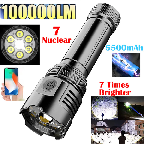 7 Nuclear 100000Lumens Anti-explosion Powerful Alloy Flashlight With 5500mAh 26800 Lithium Battery High Power White Laser LED Torch Rechargeable Flashlight