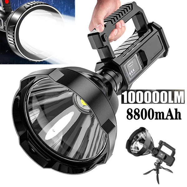 100000lm P70 LED Portable Spotlights High Power LED Flashlight 4 Modes Work Light With 8800 mAh High-capacity Battery Searchlight USB Rechargeable
