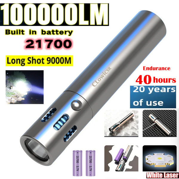 Updated High-grade Stainless Steel 100000Lumens White Laser Tactical Flashlight With 2Pcs 21700 Tesla Li-ion Battery 40 Hours High Endurance 20 Years of Use