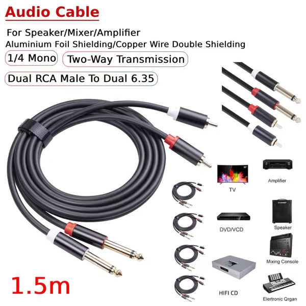 1.5m Dual RCA Male/Type-C to Dual 6.35mm Jack Male Audio Cable 2 to 2 Connector Converter Adapter Splitter Cord for Speaker Mixer Amplifier