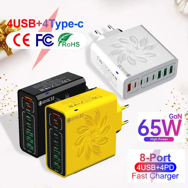 New 8-Ports PD65W Fast Charging Mobile Phone Charger with 4USB and 4PD Type-c 8-Ports Charger US/EU Plug