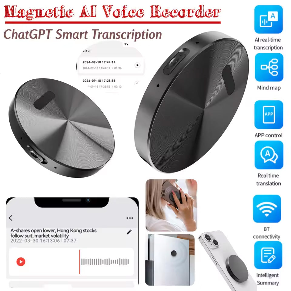 8/16/32/64/128GB Magnetic AI Voice Recorder APP Control Digital Voice Recorder ChatGPT Smart Transcription Translation Mind Map Sound Audio Recorder