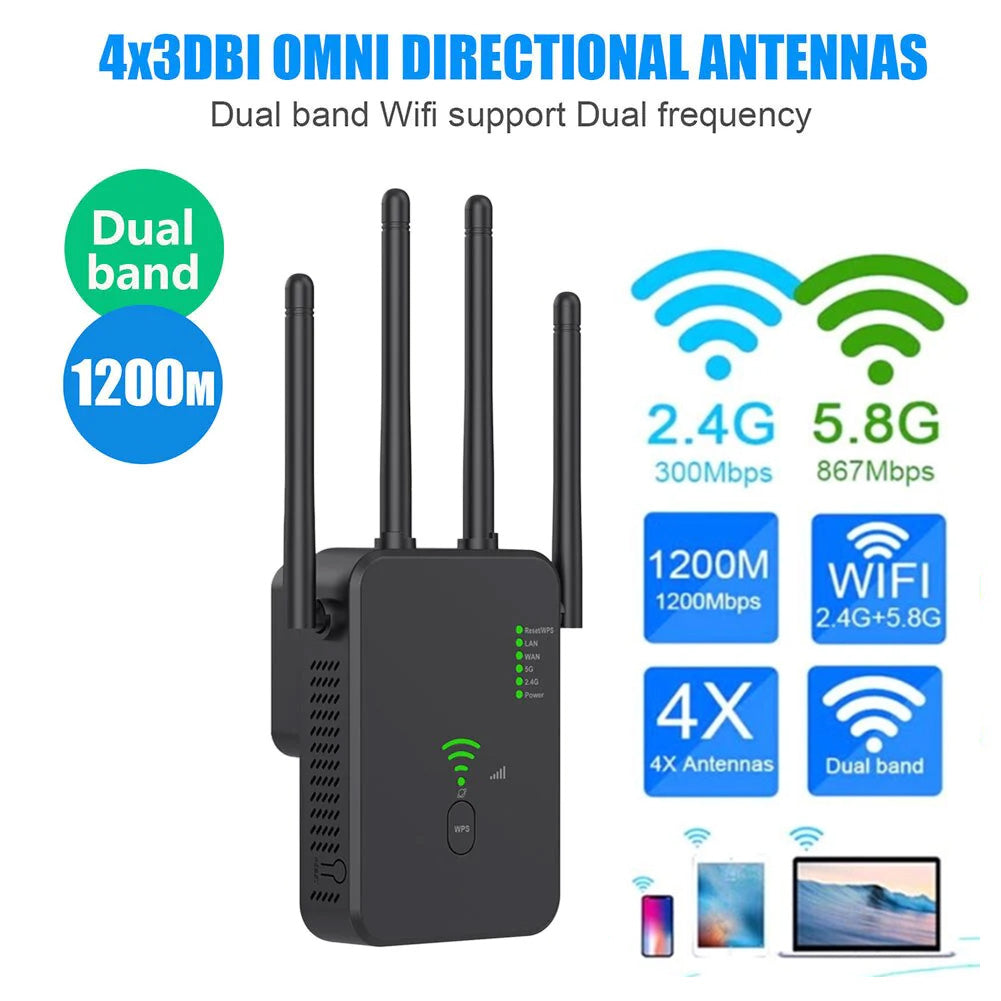 1200Mbps 4 Antennas WiFi Repeater Wifi Super-strong Signal Booster Dual-Band 2.4G 5.8G WiFi Extender Gigabit WiFi Amplifier WPS Router
