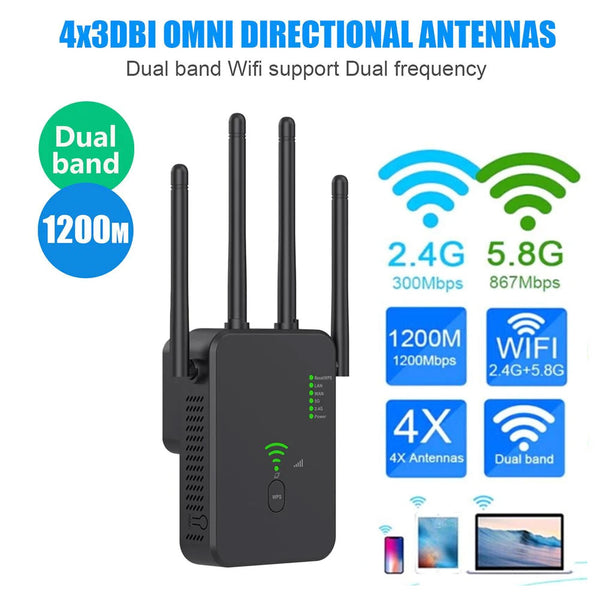 1200Mbps 4 Antennas WiFi Repeater Wifi Super-strong Signal Booster Dual-Band 2.4G 5.8G WiFi Extender Gigabit WiFi Amplifier WPS Router