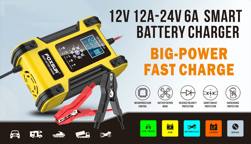 12V 12A Fast Full Automatic Car Battery Charger 24V 6A Digital LCD Display Battery Charger Power Pulse Repair Wet Dry Lead-acid Charger