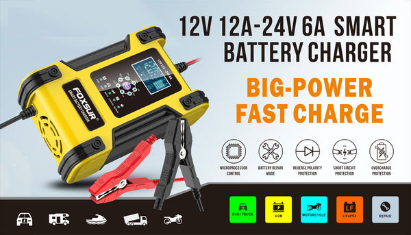 12V 12A Fast Full Automatic Car Battery Charger 24V 6A Digital LCD Display Battery Charger Power Pulse Repair Wet Dry Lead-acid Charger