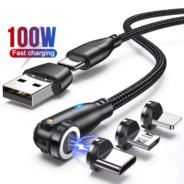 3-in-2 Type C+USB Plug PD100W Rotating Magnetic Quick Charge Cable Data Transmission